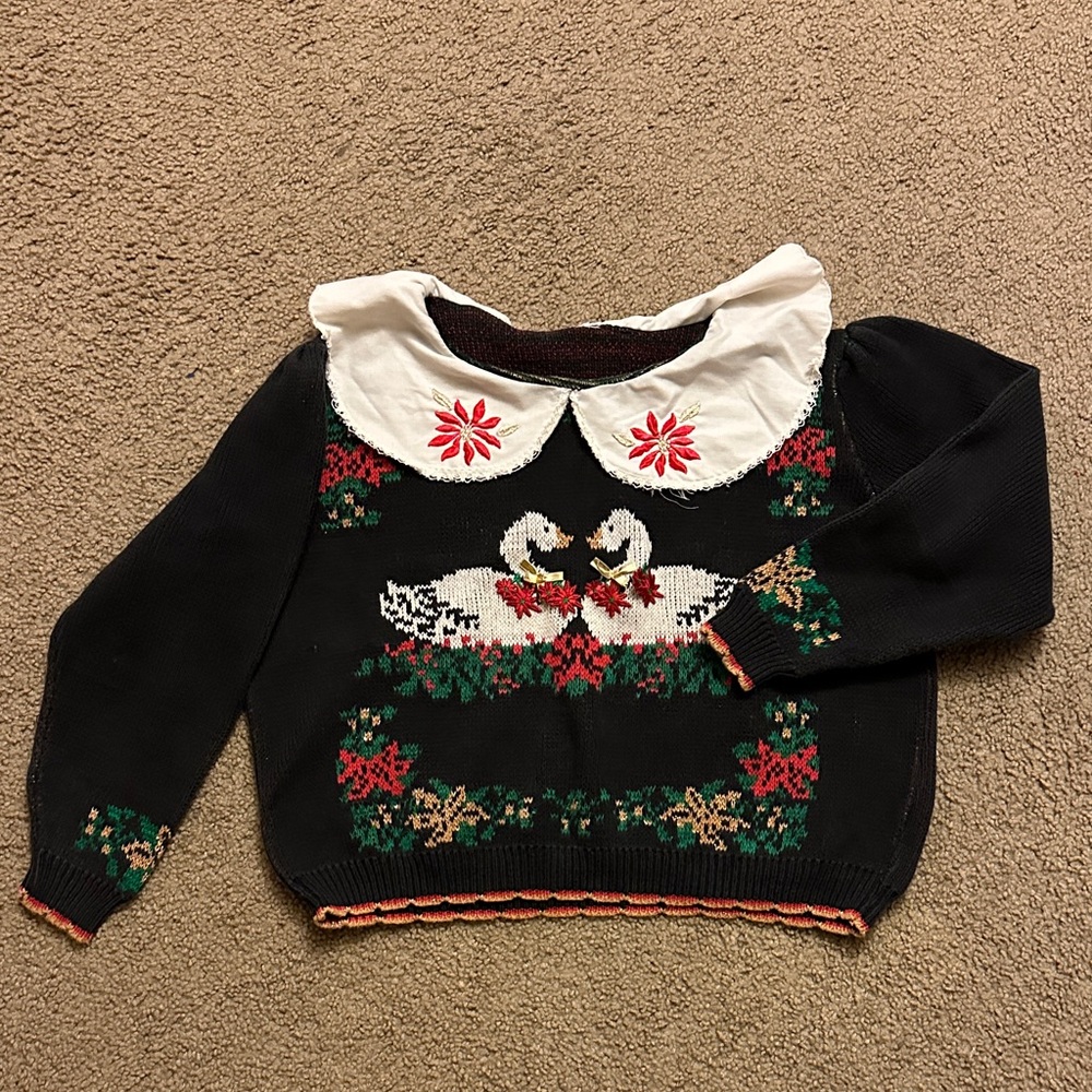 Vintage Cropped Holiday Christmas Sweater w/ Swan Design and Large Collar